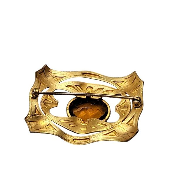 Buckle Style Czech Glass Brooch Light Brown Boho Stone Gold Tone Setting - Picture 8 of 10